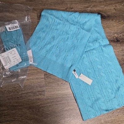 Talbots Tweed Cable Knit Scarf Gloves Set Dark Turquoise Blue New 352165 352166