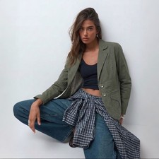 H M Olive Green Cotton Blend Tailored Blazer Jacket Women's US 12 Casual Utility