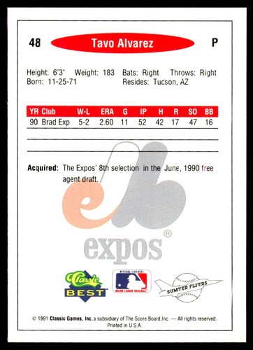 1991 Classic Best Tavo Alvarez Sumter Flyers #48 - Picture 2 of 2
