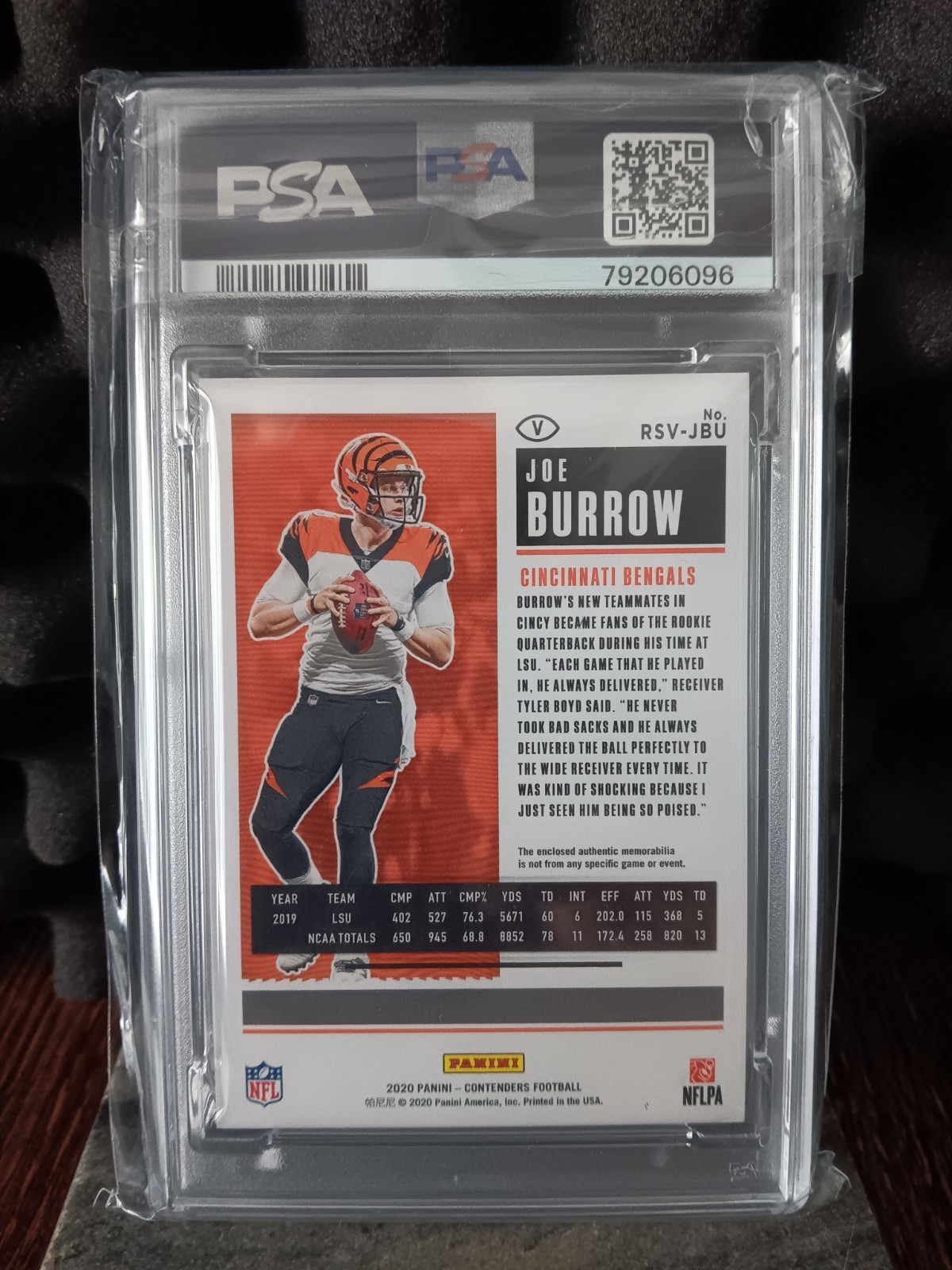 2020 Panini Contenders Joe Burrow Rookie Tkt Swatches Variation PSA 10 - POP 44 view 2