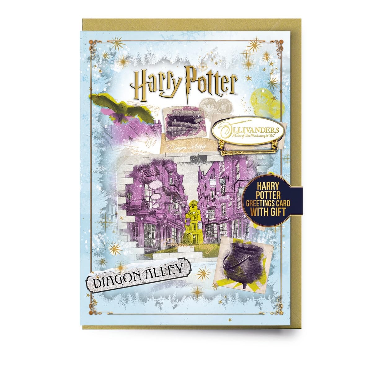 Harry Potter Diagon Alley Weihnachtsgrußkarte mit Olivander-Schild, Anstecknadel