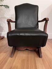 Antique Midcentury Nursery Black Vinyl Wood Child Size Rocking Chair