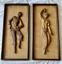 Mid Century Teak Wood Carved Man And Woman Wall Hangings With Burlap Backing