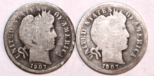 (2) Barber Silver Dimes - 1907-P(Good) 1907-O(Good) - #0068E - FREE SHIPPING