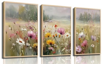3PCS 3D Textured Wall Art Farmhouse Floral Field painting Colorful Wildflower...