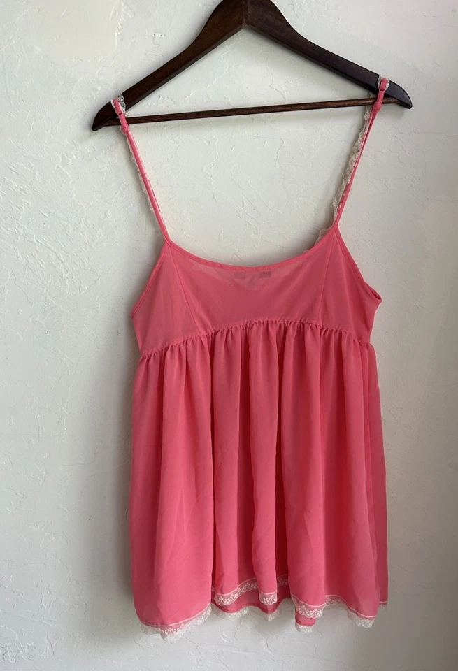 Babydoll Cami Tanque Vintage Y2K Victorias Secret L Encaje Transparente Coqueta Coral Rosa Foto 2 de 4