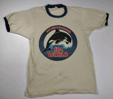 Sea World Shirt 1976 Graphic Whale Ringer True Vintage 70s RARE Medium Youth
