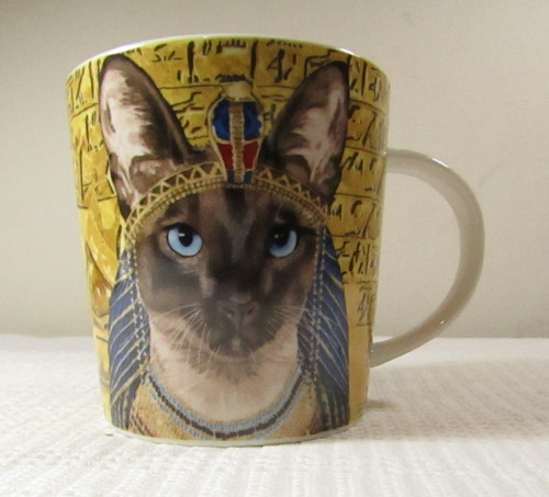 Two Can Art PPD Egyptian Siamese Kitty Cat Coffee Mug Hieroglyphics Gold Blue
