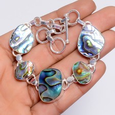 Natural Abalone Shell Gemstone Fashion Jewelry 925 Silver Bracelet 6-8"