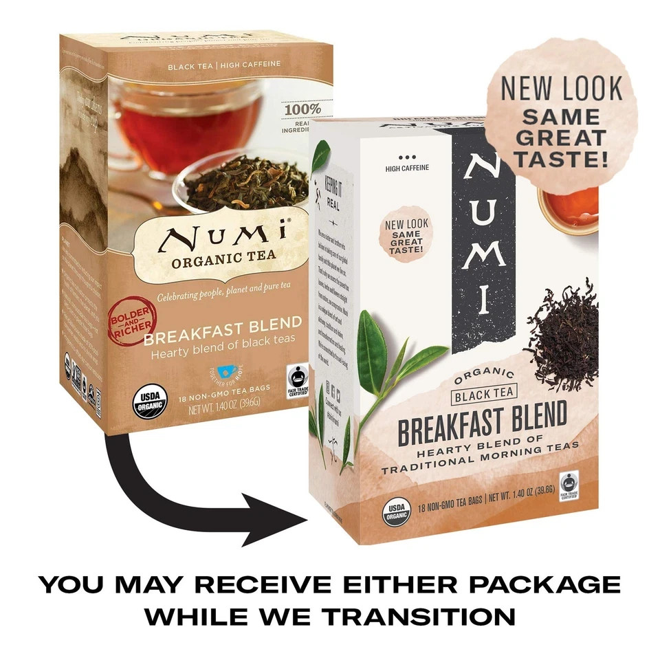 Numi Organic Tea Breakfast Blend, 18 Count Box of Tea Bags (Pack of 2) Black Tea