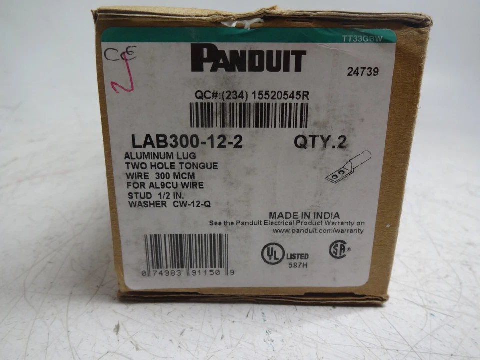 New Lot of 2 PANDUIT LAB300-12-2 Aluminum Lug Two Hole Tongue for AL9CU Wire - Image 2 of 4