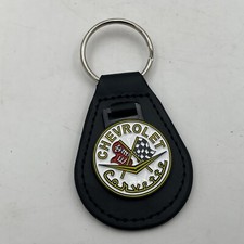 Chevrolet Corvette Vtg Flag Logo Style Sign Metal Enamel Leather Keychain Fob