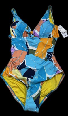 Jantzen Womens Bold Feathers One Piece Swimsuit Blue Multicolor Size 12 NWT $118