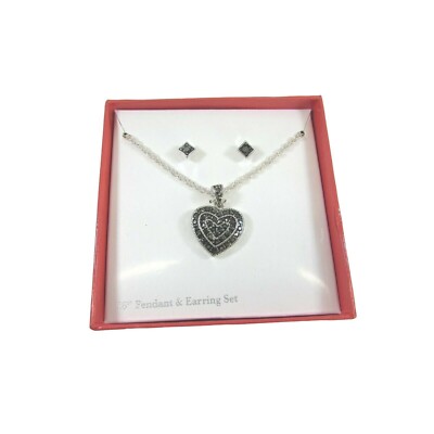 Vintage Faux Marcasite Heart Pendant Pierced Earrings Set 51771