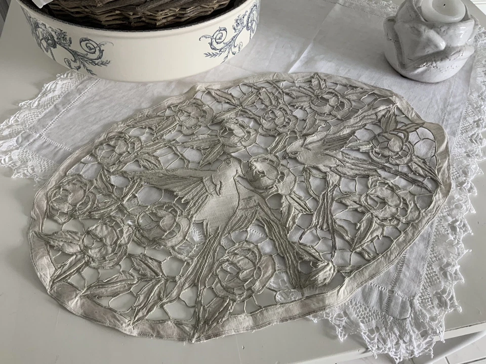 linge ancien Centre Table Napperon Lin Bi Broderie Richelieu Décor Hirondelle - Photo 4/4