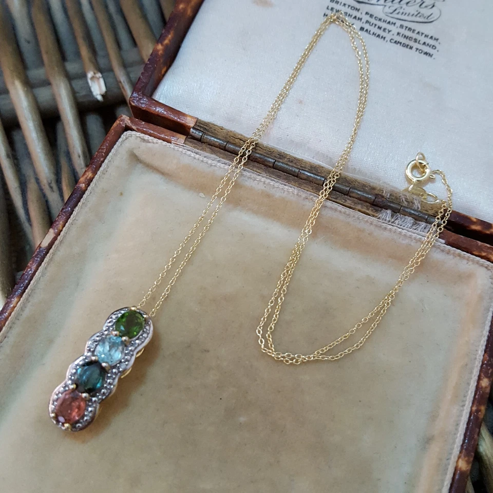 Collar de plata de ley 925, chapado en oro, piedras preciosas de turmalina multicolor  Foto 3 de 4