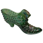 Fenton Glass Hand Painted Floral Iridescent Green Hobnail Victorian Shoe, Signed