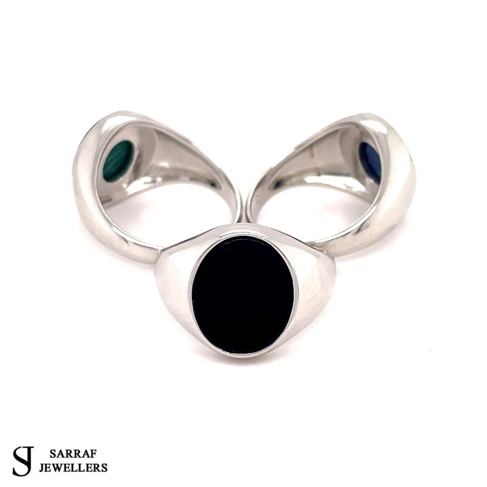 Solid 925 Sterling Silver Men's Oval Black Onyx Lapis Malachite Signet Ring NEW - Image 4 of 4