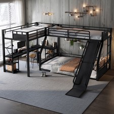 L-Shaped Metal Triple Bunk Bed Twin XL over Queen Bunk Bed w/Twin Size Loft Bed