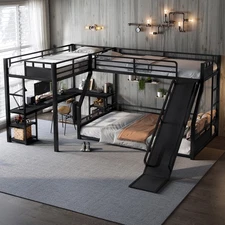 L-Shaped Metal Triple Bunk Bed Twin XL over Queen Bunk Bed w/Twin Size Loft Bed