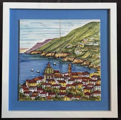 Vintage VIETRI Italy Hand Painted Amalfi Coast Tile Wall Art 22x22 Framed