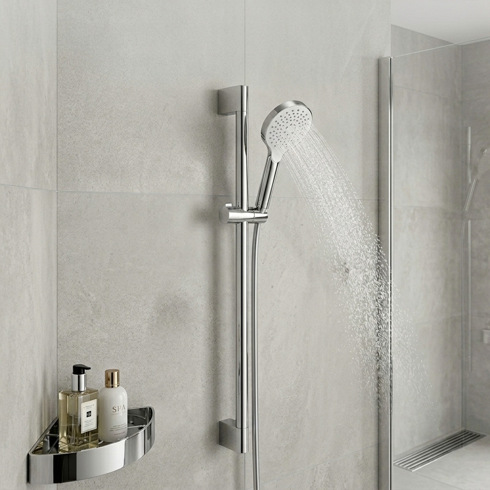 Barre de douche chromée réglable 70 cm avec support de pommeau orientable
