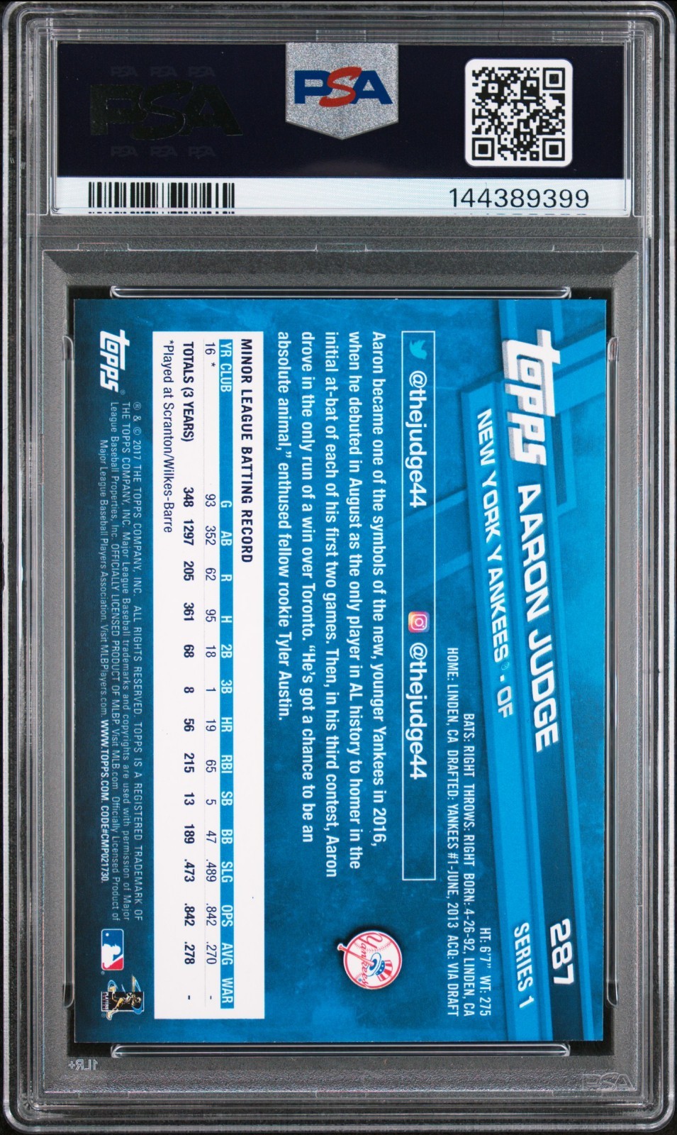 2017 Topps Aaron Judge #287 Rookie Card PSA 9 MINT view 2