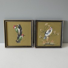 2 Vintage Bird Paintings on Silk Green Woodpecker & Jay Signed Framed