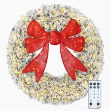 HOMCOM 60in Flocked Pre-Lit Christmas Wreath for Front Door with 3D Red Bow