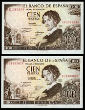 E702 SPAIN BANK NOTES. 100 PESETAS 1965. BECQUER. EBC. PAIR CORRELATIVE.