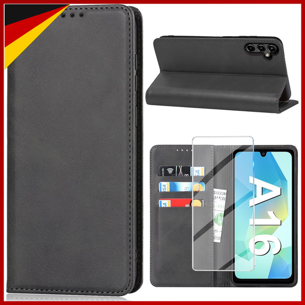 HandyhüLle Pu Leder Wallet Schwarz KlapphüLle Mit Kartenfach FüR Galaxy A16 4G-image