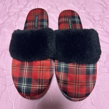 Victoria's Secret Red/Black Plaid Faux Fur Lined Slide Slippers Womens Size M