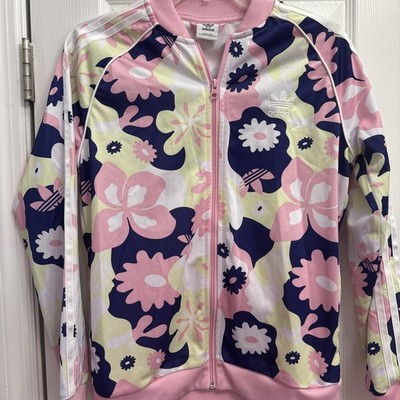 NWT ADIDAS GIRLS FULL ZIP FLORAL TRICOT TRACK JACKET Pink Yellow SZ L HF7468