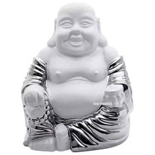 Happy Sitting Buddha Figurine White & Silver Ornament Fat Belly Good Luck Budai
