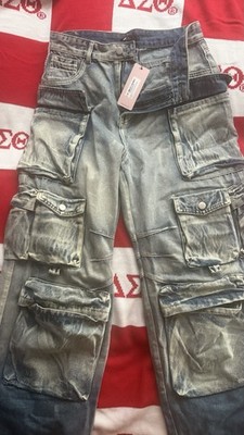 Micas Ombre Multi Pocket Wide Leg Cargo Jeans Size L Light Blue Wash
