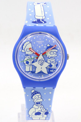 New Swiss Swatch The Simpsons TIDINGS OF JOY Blue Silicone Watch 34mm SO28Z126
