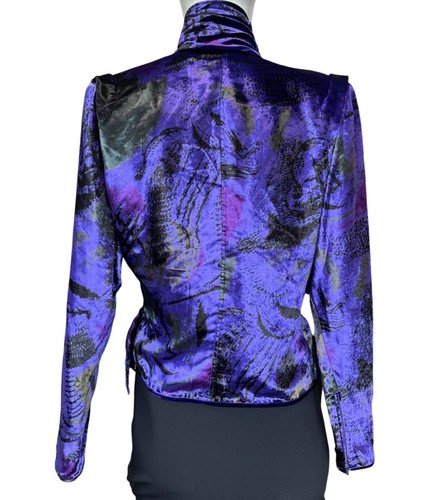 EMANUEL UNGARO Velvet Wrap Top 6 Deep Purple Abstract Pattern Turtleneck VINTAGE - Picture 3 of 11