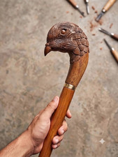 Artisan Carved Bird Walking Stick, Solid Wood Cane, Handmade Polished Birds Stic