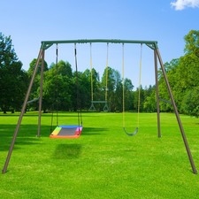 Hapfan 9.5ft Tall Frame Heavy Duty Metal Swing Set with 3 Swings and Trapeze Bar