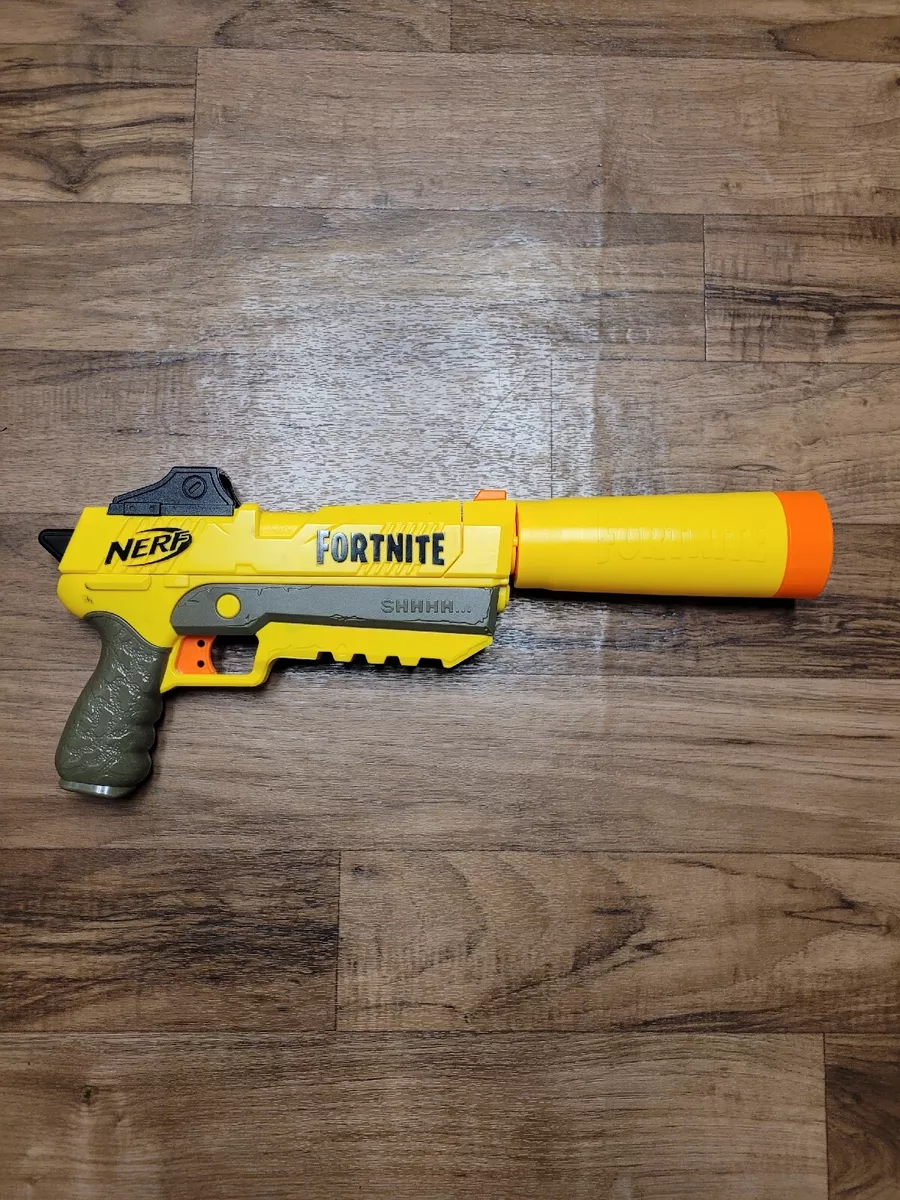 Fortnite SHHHH Nerf Gun. Yellow. WORKS!! With detachable silencer Tested