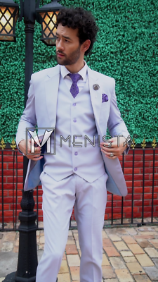 light purple dress for men Light Purple Men's 3-piece Suit: Wedding Groom Dinner Party Wear
