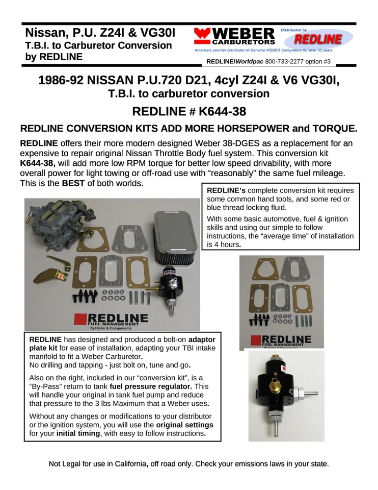 Genuine Weber Carb conversion for 1986 - 1989 Nissan D21 VG30I V6 TBI FREE SHIP! - Image 2 of 2