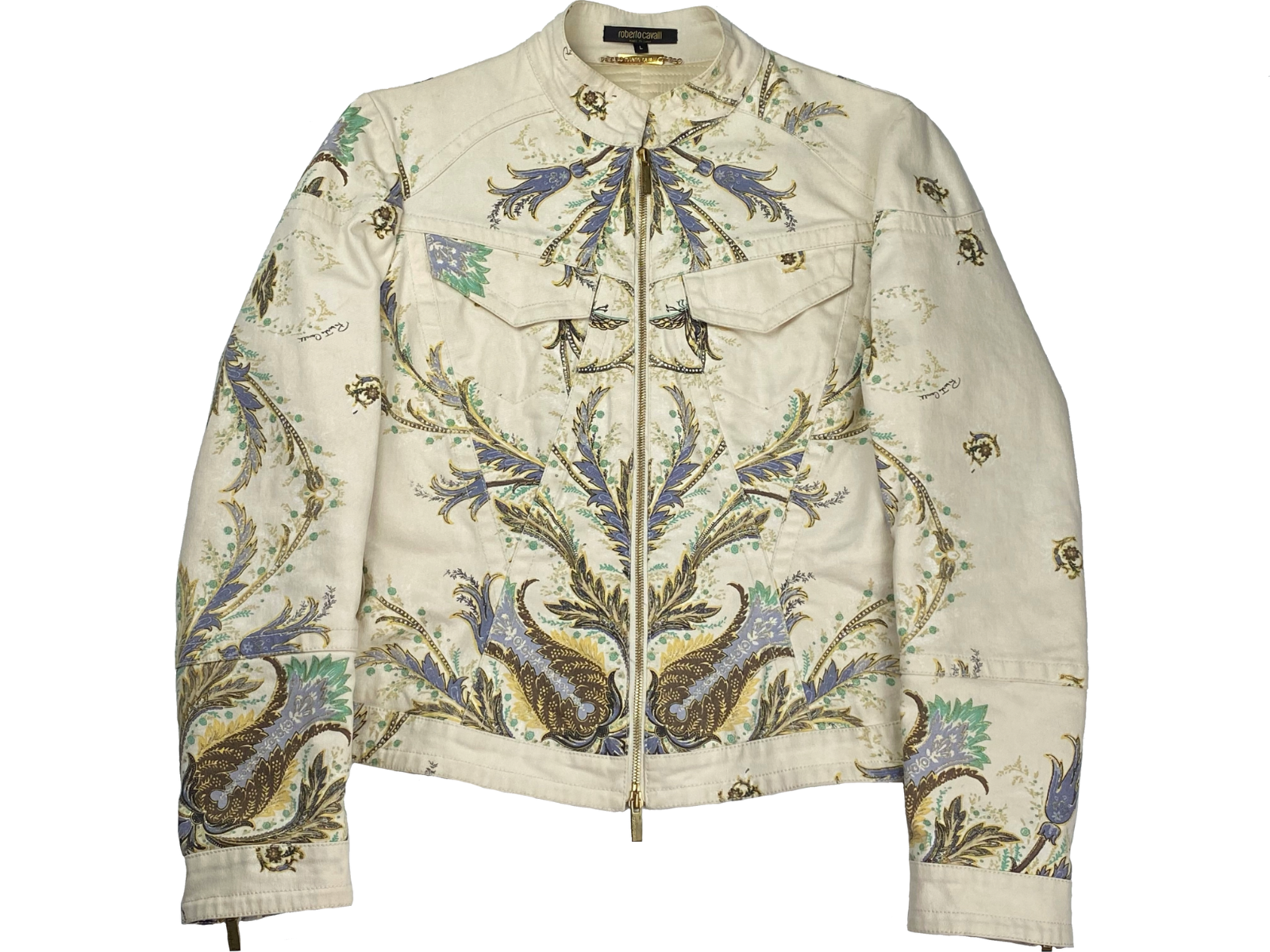ROBERTO CAVALLI VINTAGE 00s Y2K WOMEN DENIM JACKET PAISLEY PRINT MADE IN ITALY L