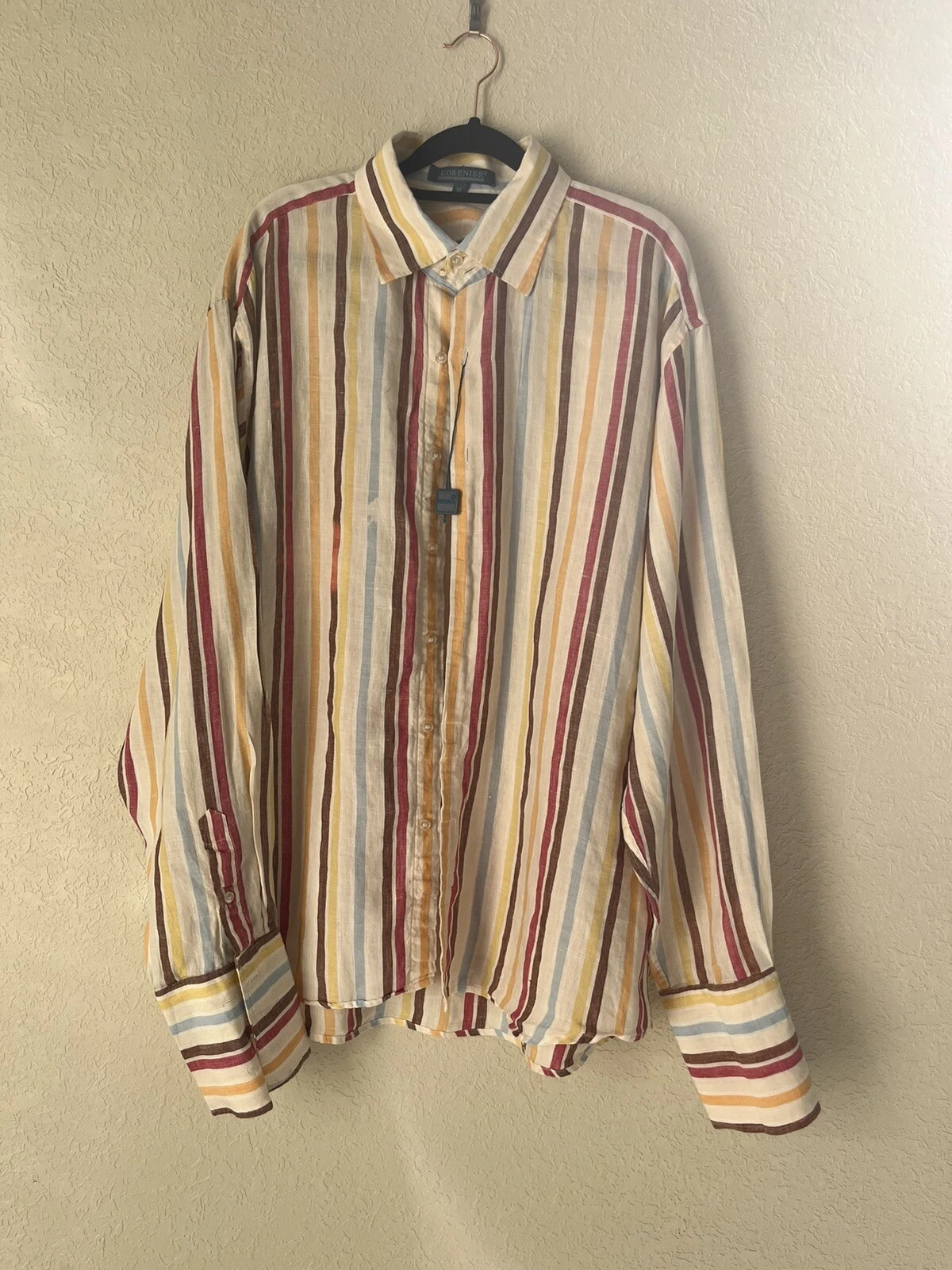 NEW Lorenier Mens Linen Shirt Long Sleeve French Cuffs Button Up Stripes XL