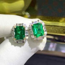 6Ct Emerald Cut Lab-Created Green Emerald Halo Stud Earrings 925 Sterling Silver