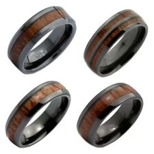 Black Ceramic Wedding Band, Inlay Made from Real Koa Wood Multiple Styles