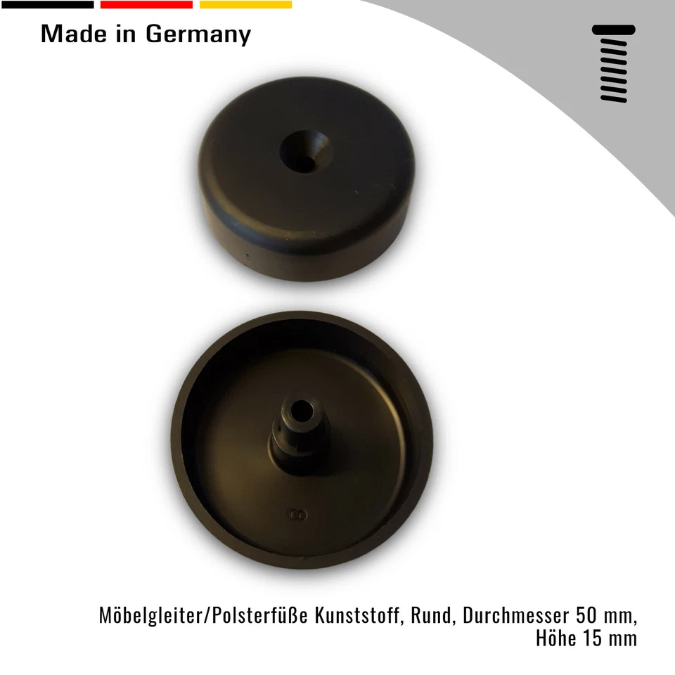 4 Polsterfüße/Gleitscheiben/Möbelfüße, Durchmesser 50 mm Kunststoff/PE, Schwarz - Bild 2 von 3