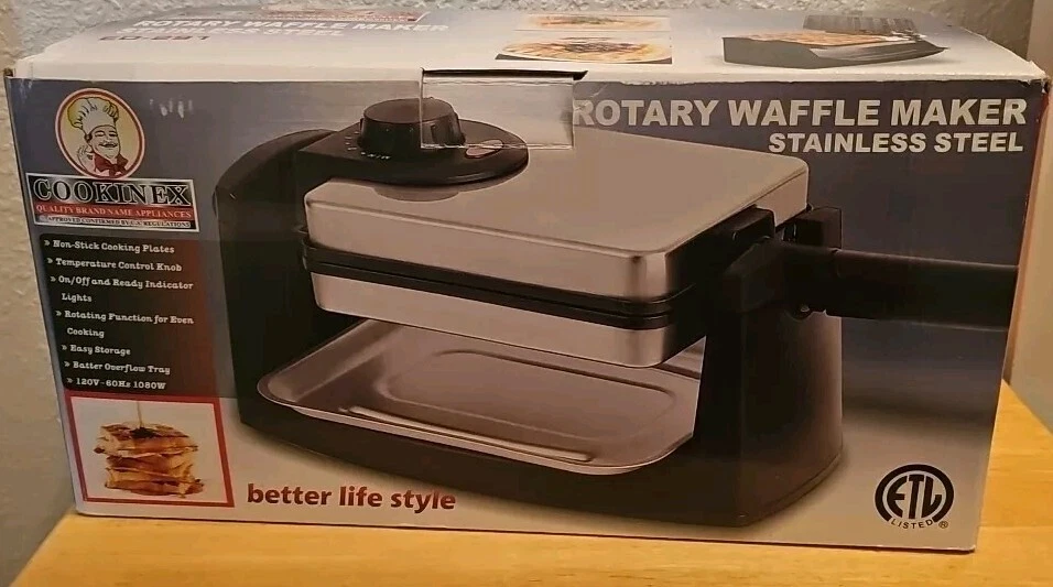 NIB Cookinex Stainless Steel Rotary Waffle Maker 4 Grid Flip Over ED-291