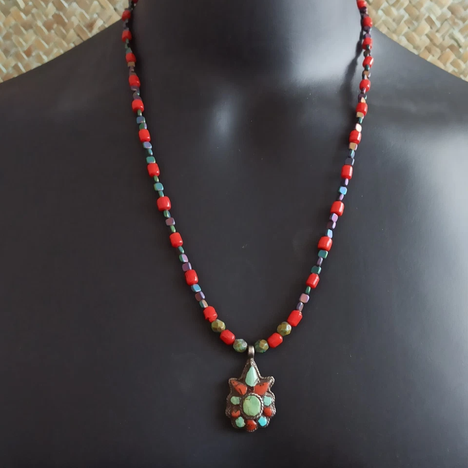 Богемский мужчин унисекс ожерелье старый винтажный Серебряный этнический кулон камень стеклянная бусина Мала - Изображение 3 из 4