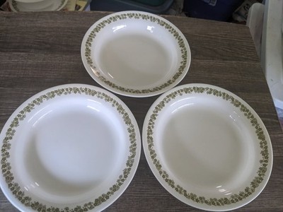 CORELLE SPRING BLOSSOM GREEN FLAT RIMMED SOUP BOWL x 3 PREOWNED PLEASE READ!!!!
